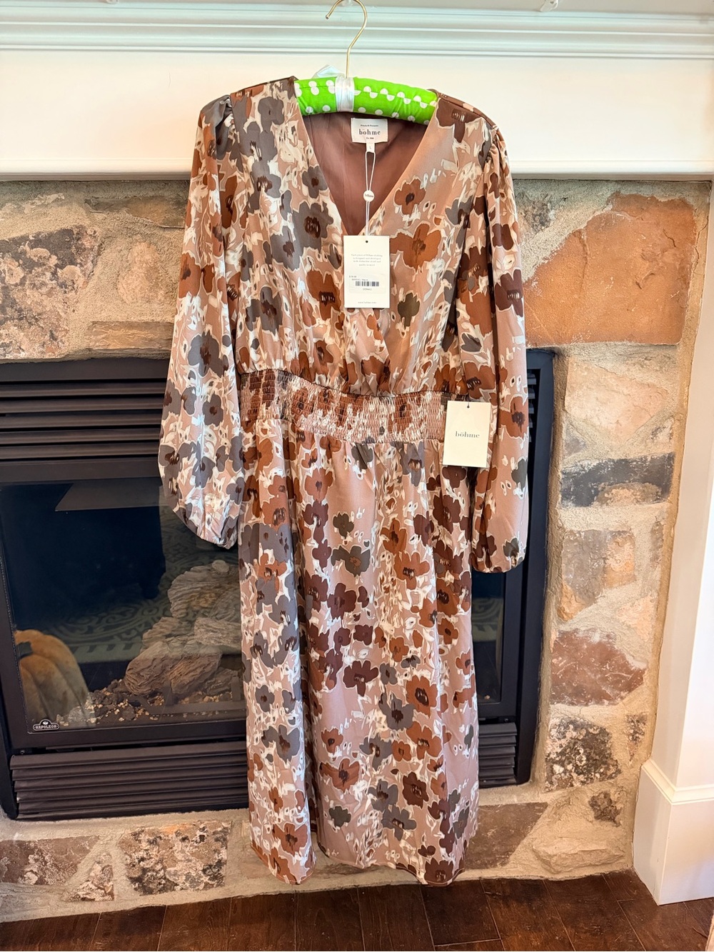 NWT Bohme Brown and Cream Floral V-Neck Midi Dress